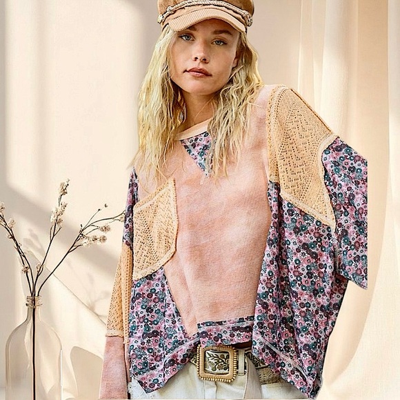 POL Sweaters - POL Patchwork Boho Pullover Sweater | Apricot Multi Top